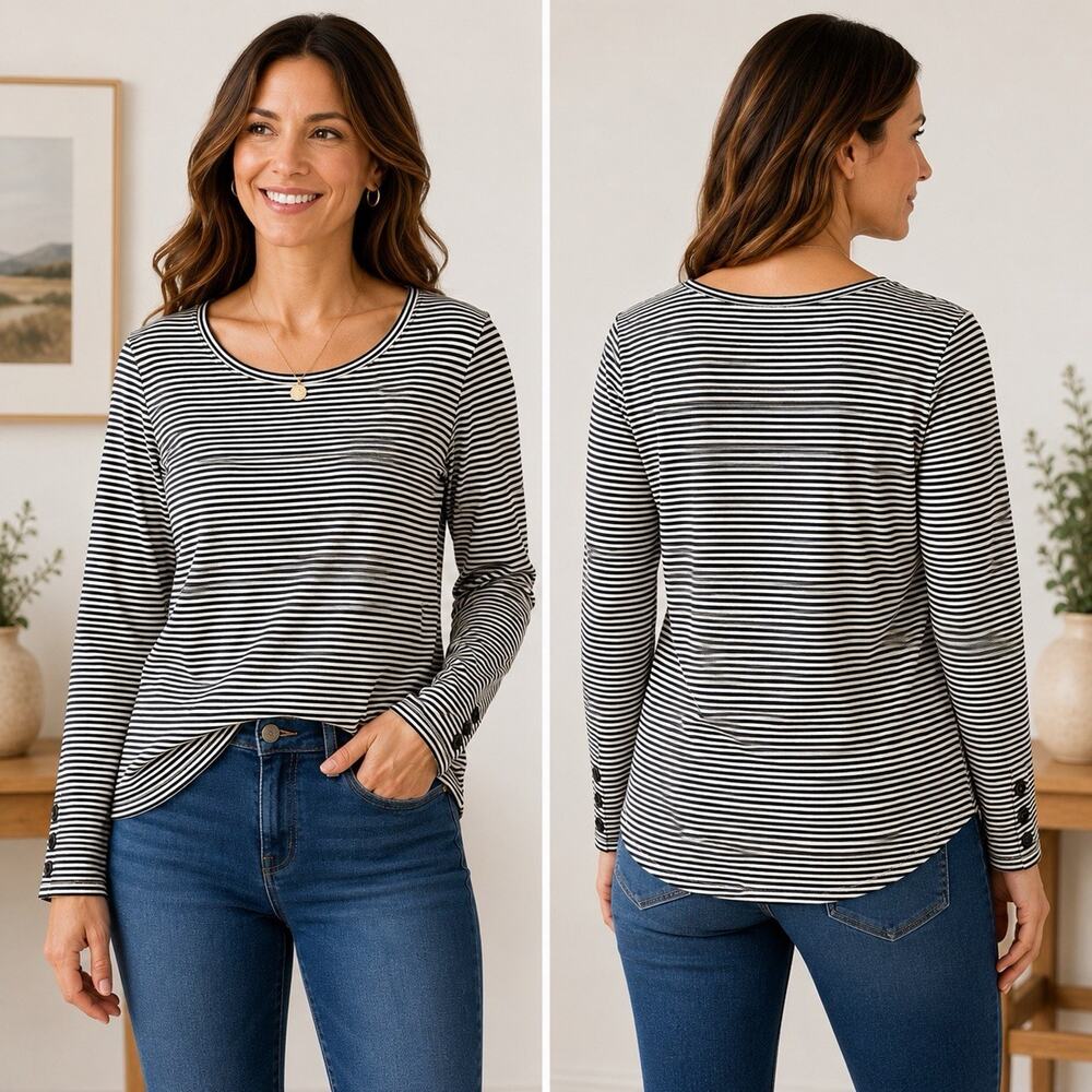 Talbots Tee XL Black White Stripe Long Sleeve Knit Top Button Cuff Stretch